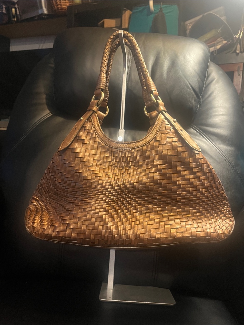 Cole Haan Genevieve Woven Leather Hobo Bag - Cognac Brown/Bronze